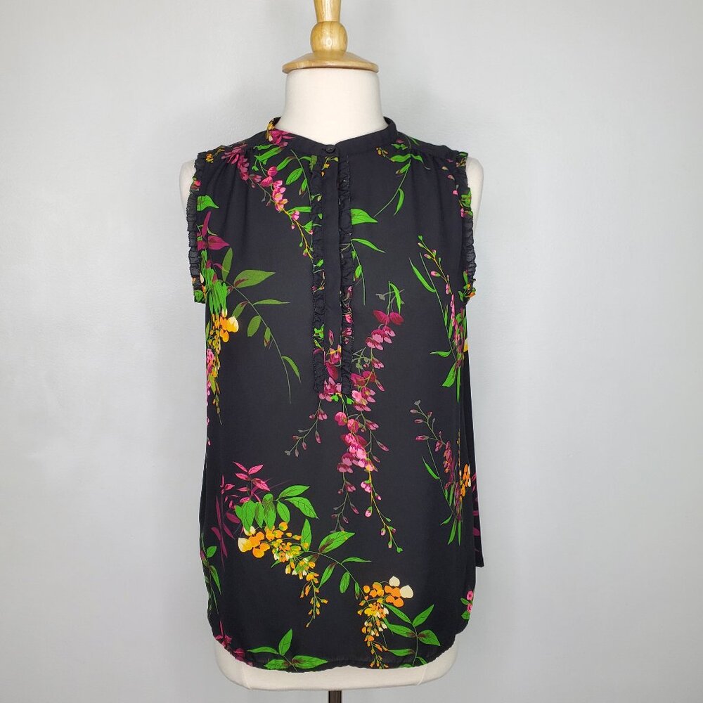 Worthington Sleeveless High Neck Feminine Floral Ruffle Detail Top Size L